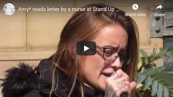 Amy* reads letter by a nurse at Stand Up X – Yorkshire’s Peaceful Rally, Sheffield 05/9/20.