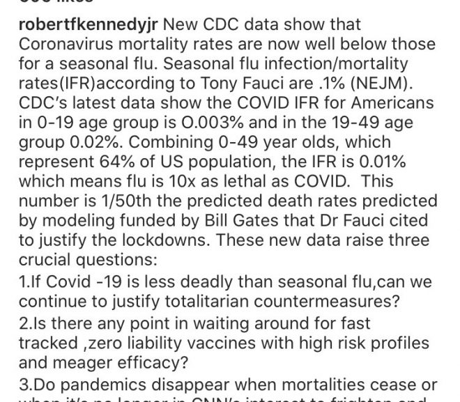 RFK Jr has been de-platformed from Instagram. That’s where we are. He posted actual data from the CDC comparing deaths from the annual flu and the current numbers of COVID. They took his account down