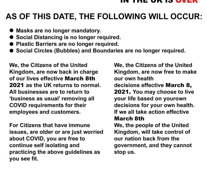 Effective March 8th 2021 the Covid LOCKDOWN in the UK is over.