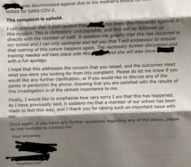 School CV Test complaint upheld