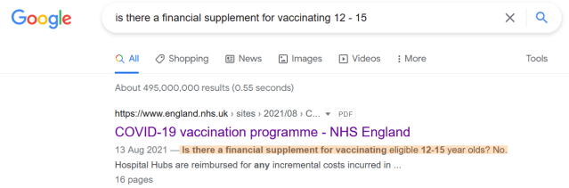 BREAKING NHS document shows GP’s to be paid an additional £10 for every child they inject with a Covid-19 Vaccine on top of the £12.58 already received –  Google are trying to hide it