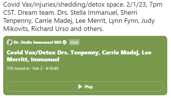 Covid Vax/injuries/shedding/detox space. Drs. Stella Immanuel, Sherri Tenpenny, Carrie Madej, Lee Merrit, Lynn Fynn, Judy Mikovits, Richard Urso and others.